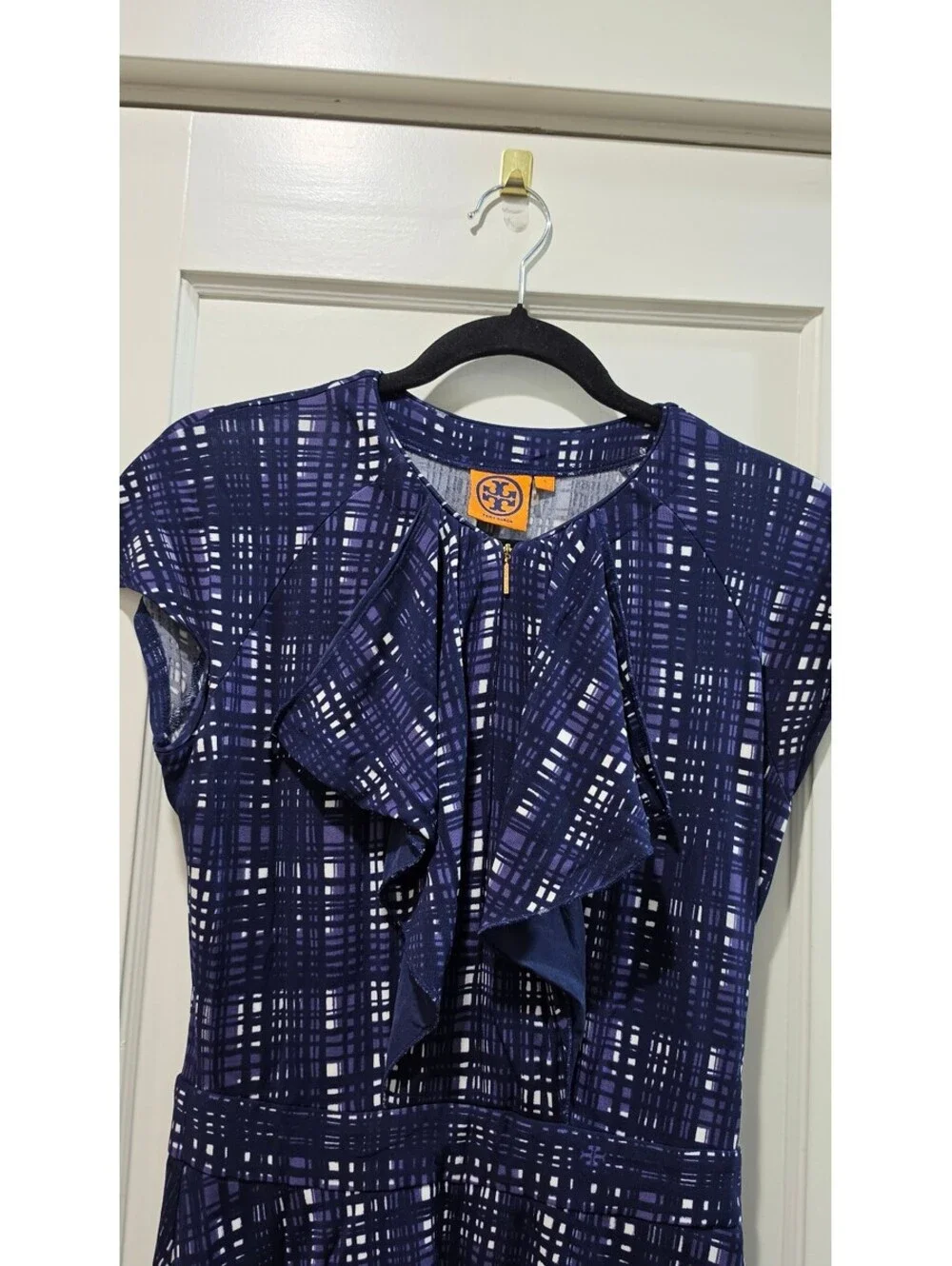 Tory Burch Navy Blue Patterned Ruffle Dress Size Small